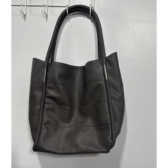 NEIMAN MARCUS Tote Bag Dark Gray Faux Pebbled Vegan Leather Shoulder Purse Large - Picture 1 of 12